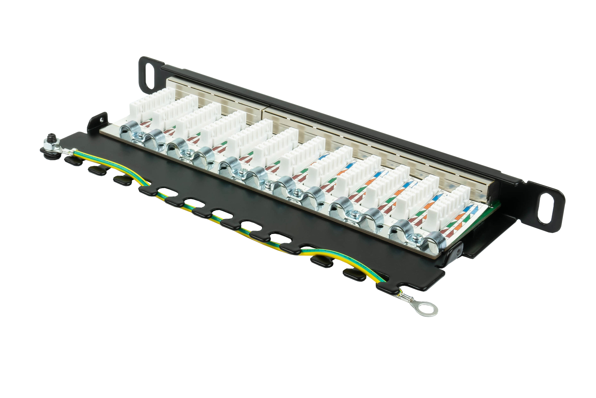 Patchpanel 10" Cat. 6, 12-Port, 0,5 HE, STP geschirmt, werkzeugloses Öffnen, Tiefschwarz (RAL9005), Good Connections®