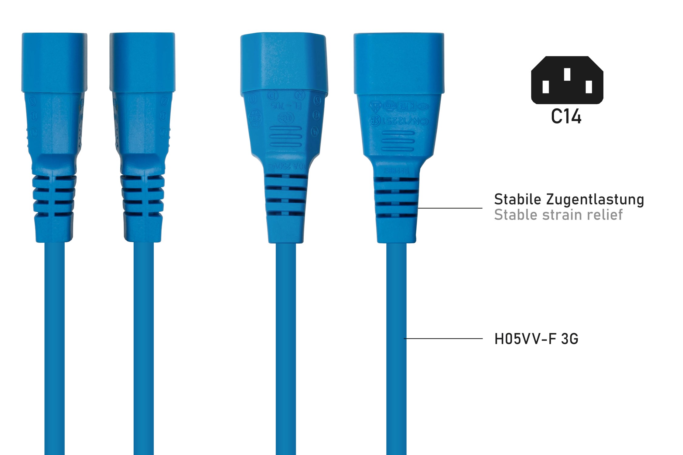 kabelmeister® Kaltgeräteverlängerung Kaltgeräte-Stecker C14 an Kaltgeräte-Buchse C13, blau, 0,75mm², 2m