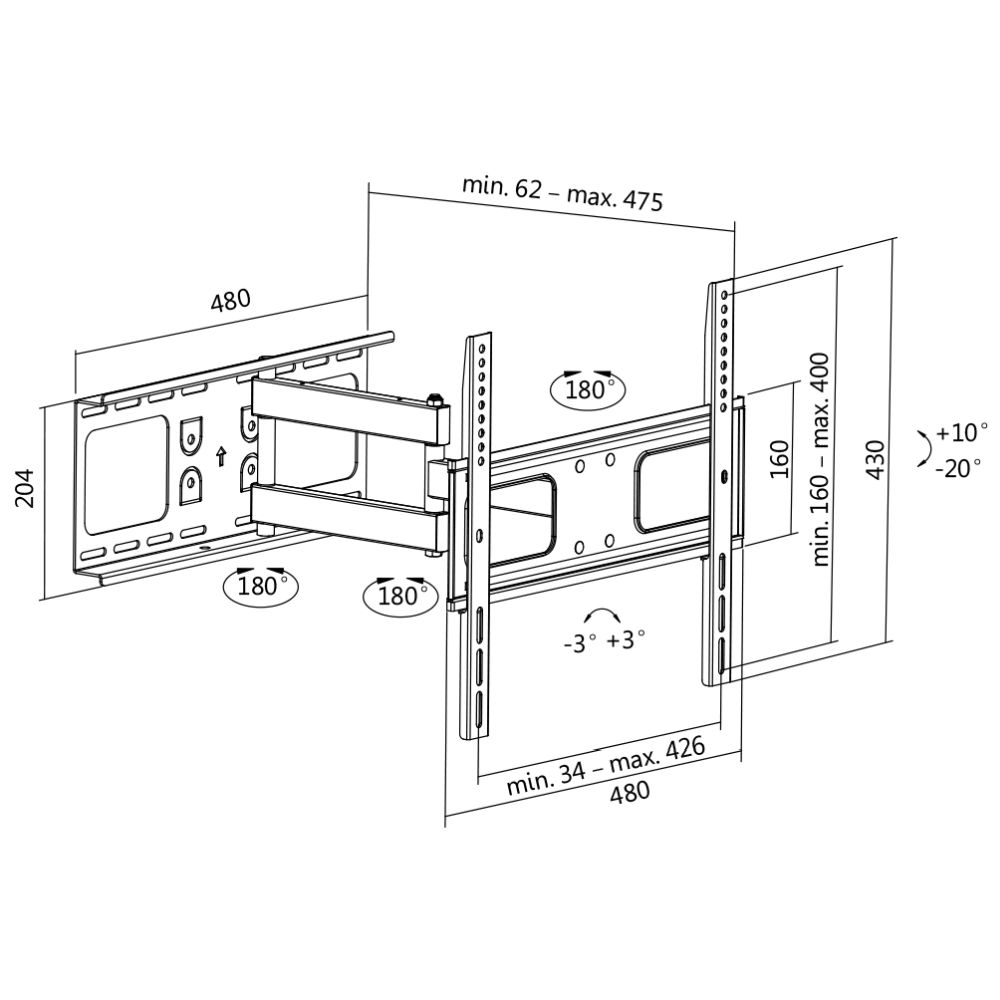 TV-Wandhalterung, 32"-55", neigbar -20°/+10°, schwenkbar -90°/90°, drehbar -3°/+3°, max. 50 kg Belastung, LogiLink® [BP0015]