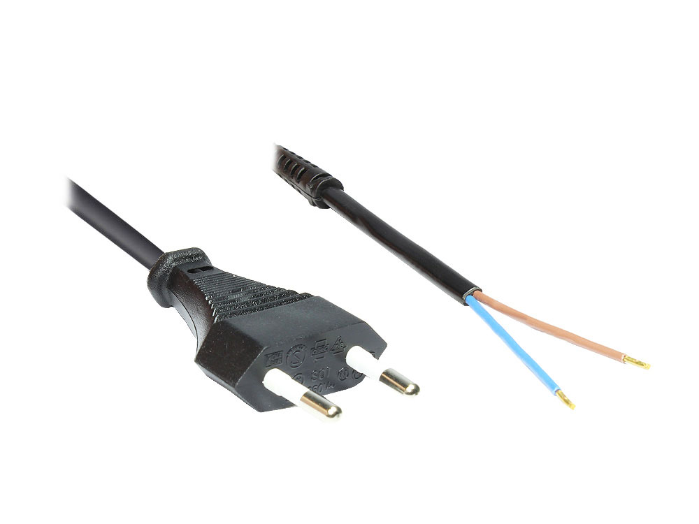 Euro-Netzkabel mit abisolierten Enden, mit Zugentlastung, schwarz, 1,5m, Good Connections®