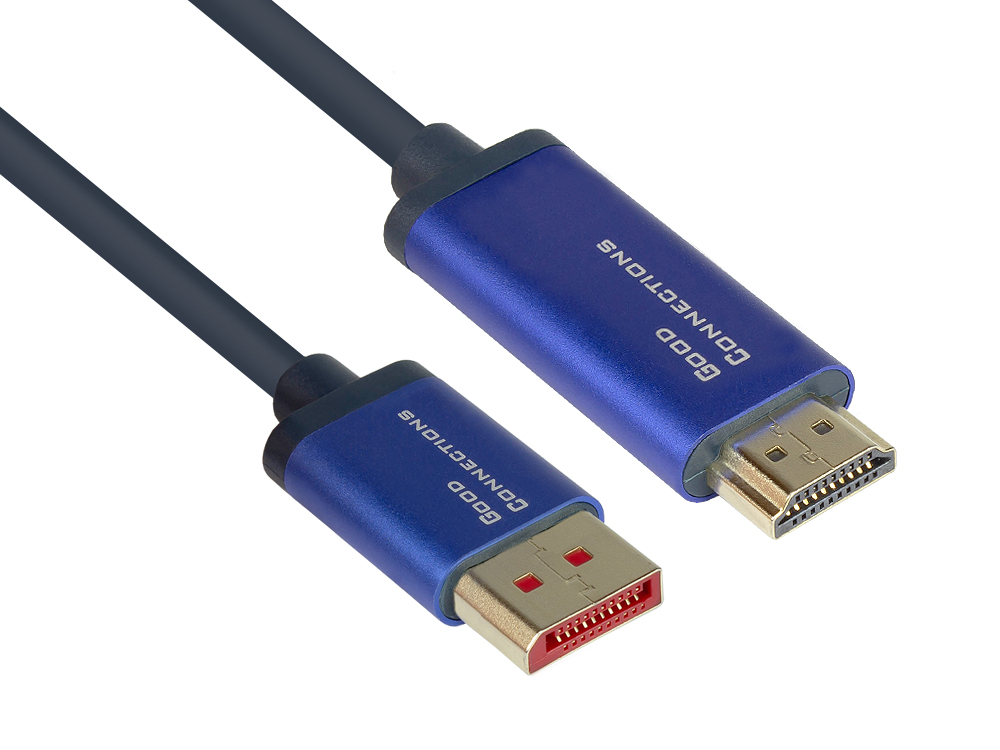 DisplayPort 1.4 an HDMI 2.0 SmartFLEX Kabel, 4K UHD @60Hz, Aluminiumgehäuse, CU, dunkelblau, 1m, Good Connections®