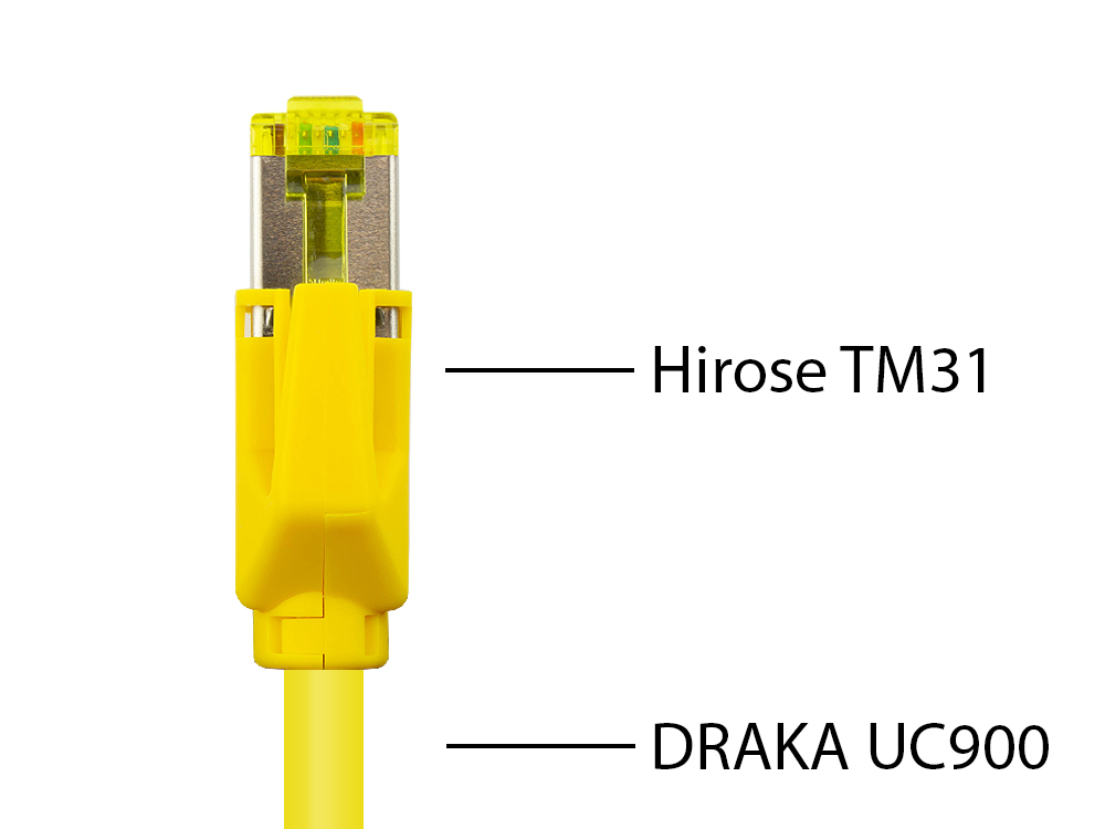 Patchkabel mit Cat. 7 Draka UC900 Rohkabel (900MHz) und Hirose TM31 Stecker (500MHz) beidseitig, S/FTP, PiMF, halogenfrei (LSZH), KUPFER, gelb, 10m