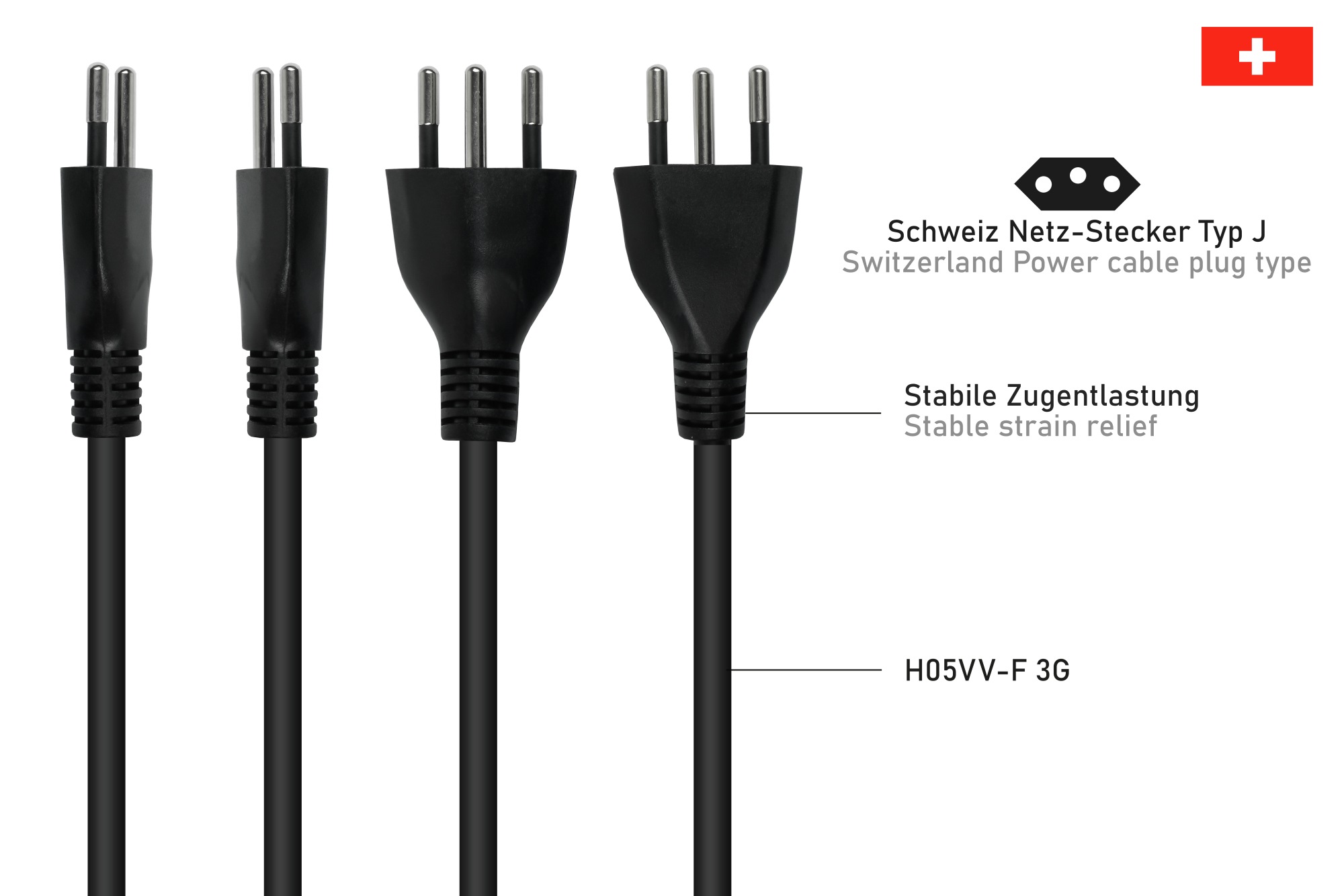 kabelmeister® Netzkabel Schweiz Netz-Stecker Typ J (SEV 1011) an Kaltgeräte-Buchse C13, schwarz, 0,75mm², 1,8m