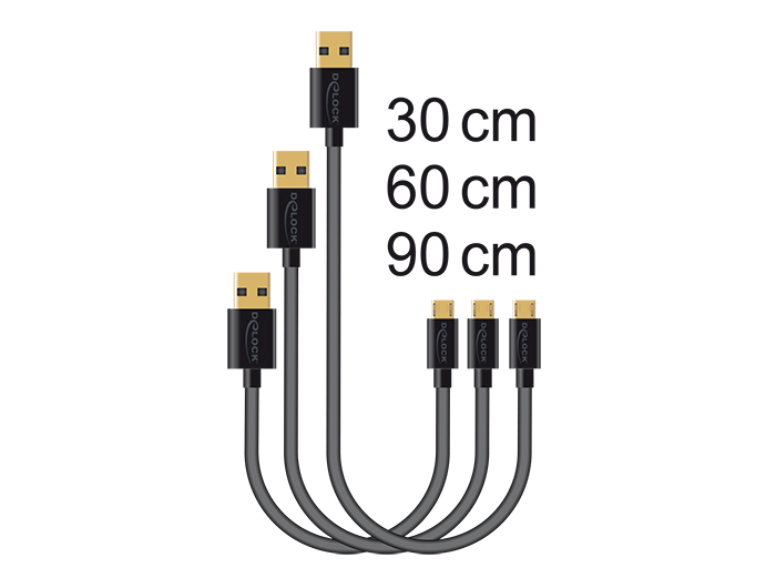 Daten- und Schnellladekabel USB 2.0 Typ-A Stecker an USB 2.0 Typ Micro-B Stecker, schwarz, 3er Set (0,3m + 0,6m + 0,9m), Delock® [83680]