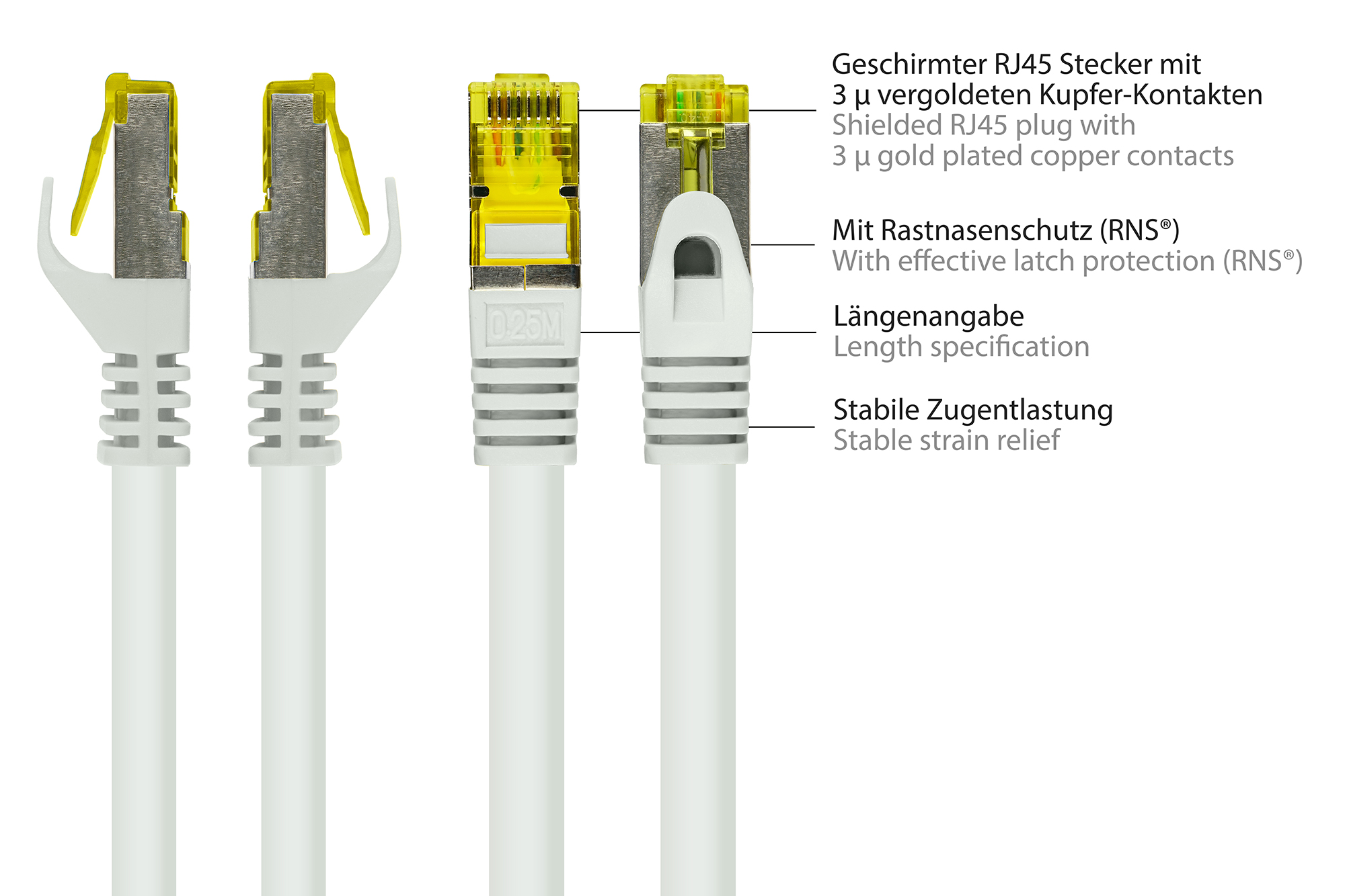 RJ45 Patchkabel mit Cat. 7 Rohkabel und Rastnasenschutz (RNS®), S/FTP, PiMF, halogenfrei, 500MHz, OFC, weiß, 0,25m, Good Connections®