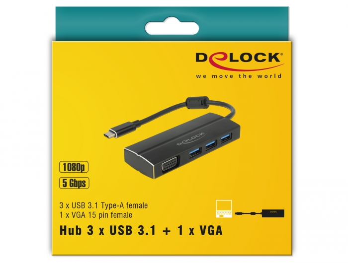 USB 3.1 Gen 1 Adapter USB Type-C™ zu 3 x USB 3.0 Typ-A Hub + 1 x VGA (DP Alt Mode), Delock® [63932]