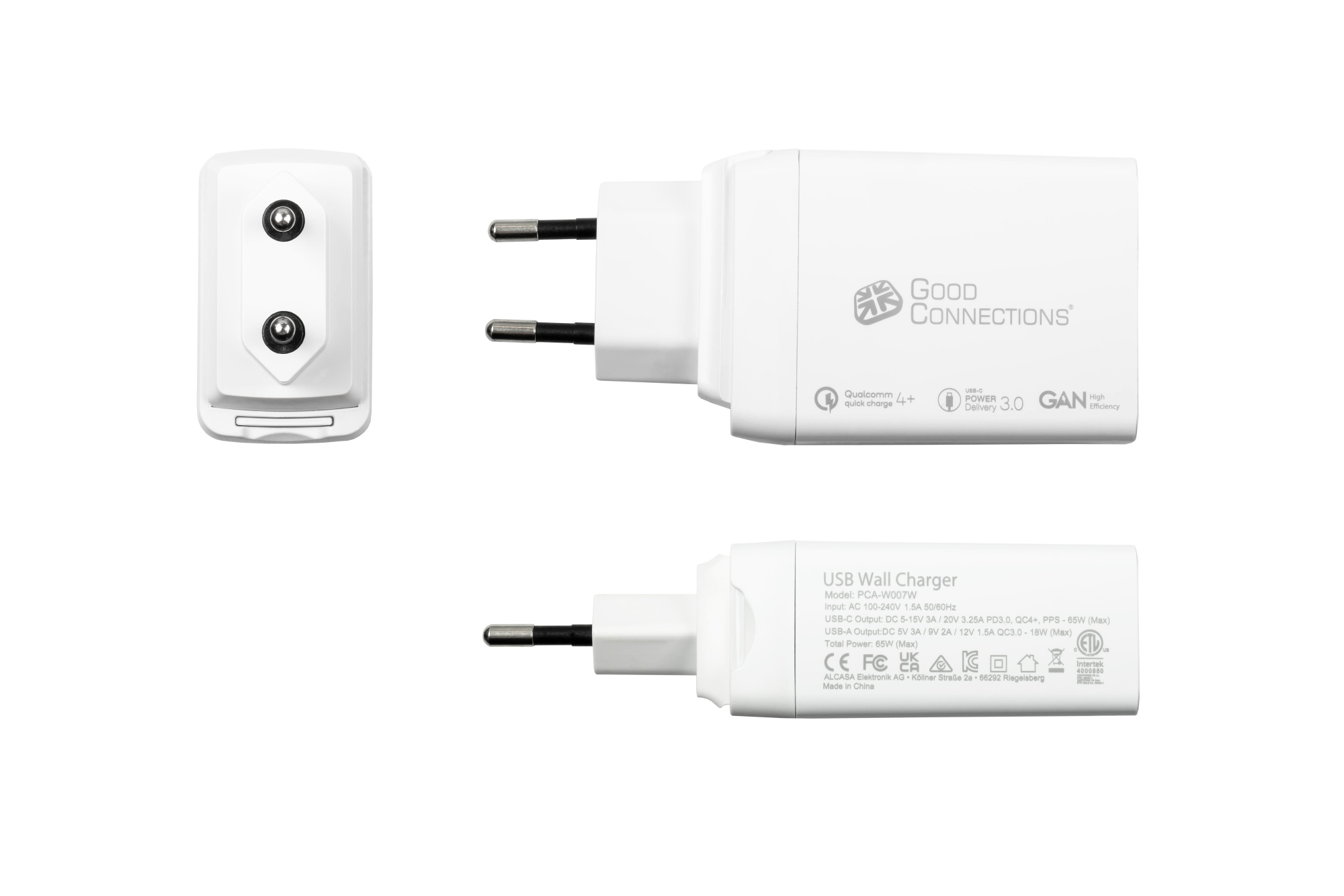 USB-Schnellladegerät 65W mit GaN-Technologie, 3-Port (2x USB-C™ und 1x USB-A), PD 3.0, QC 3.0, weiß, Good Connections®