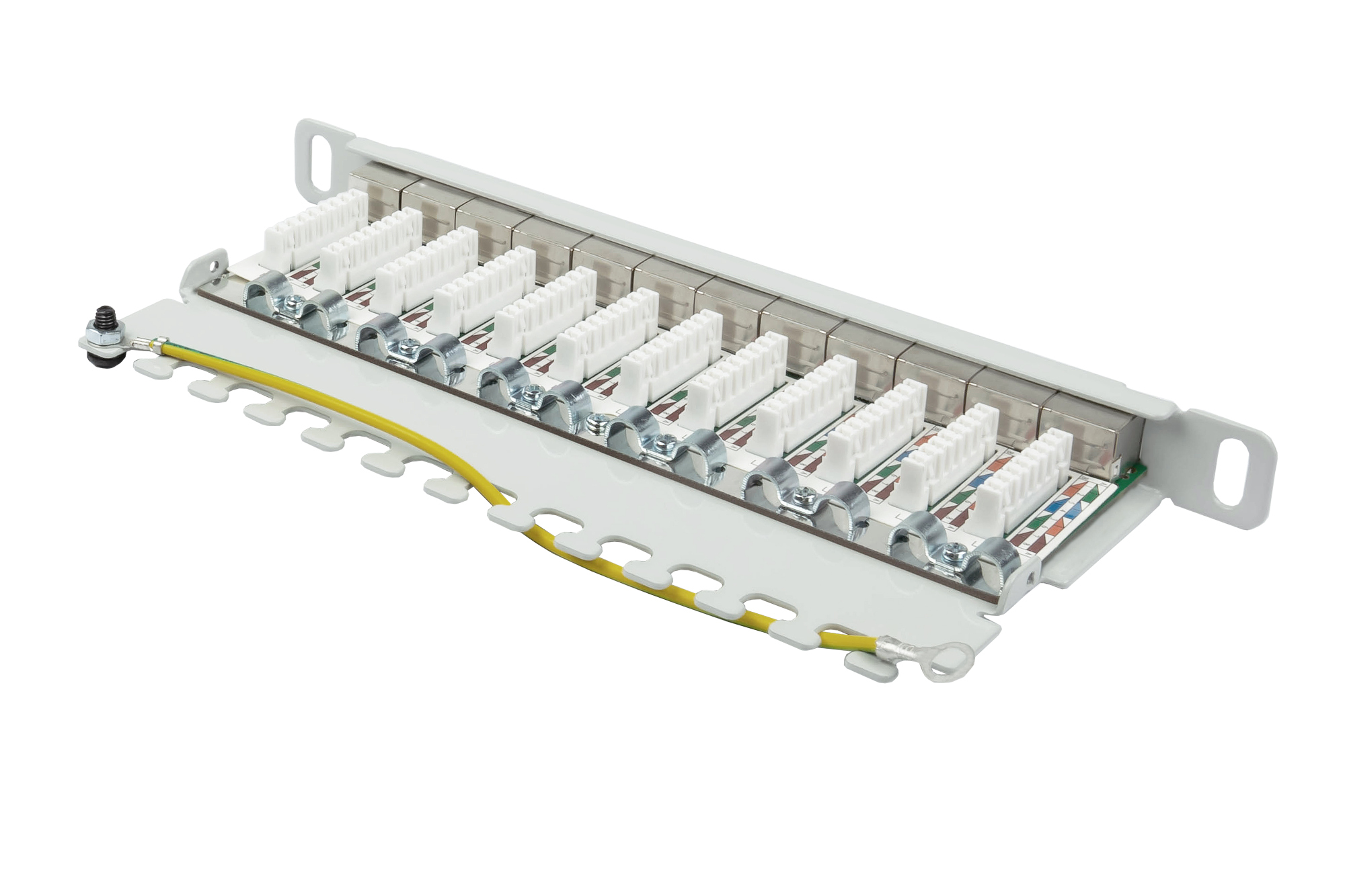 Patchpanel 10" Cat. 6A, 12-Port, 0,5 HE, STP geschirmt, werkzeugloses Öffnen, Lichtgrau (RAL7035), Good Connections®