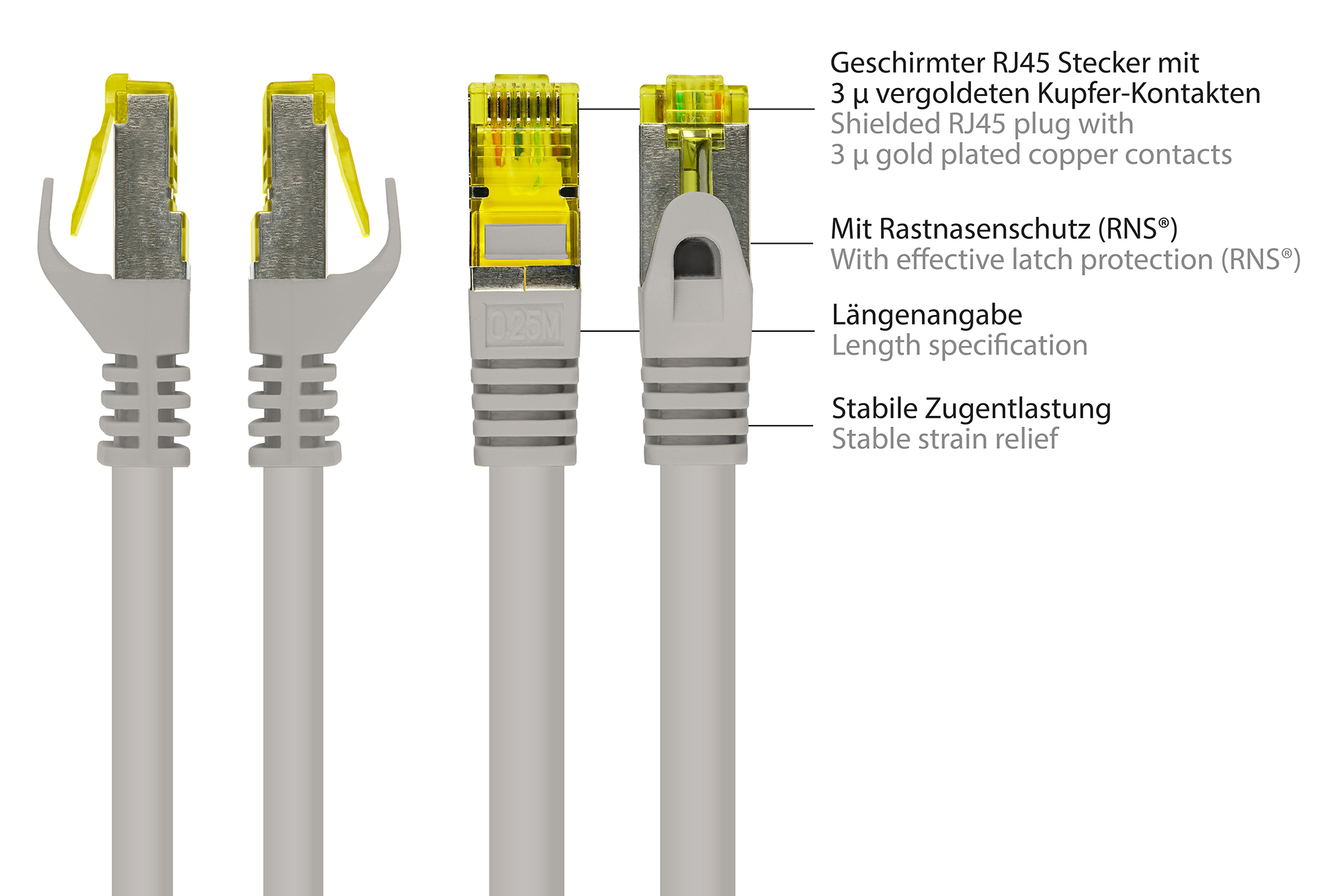 RJ45 Patchkabel mit Cat. 7 Rohkabel und Rastnasenschutz (RNS