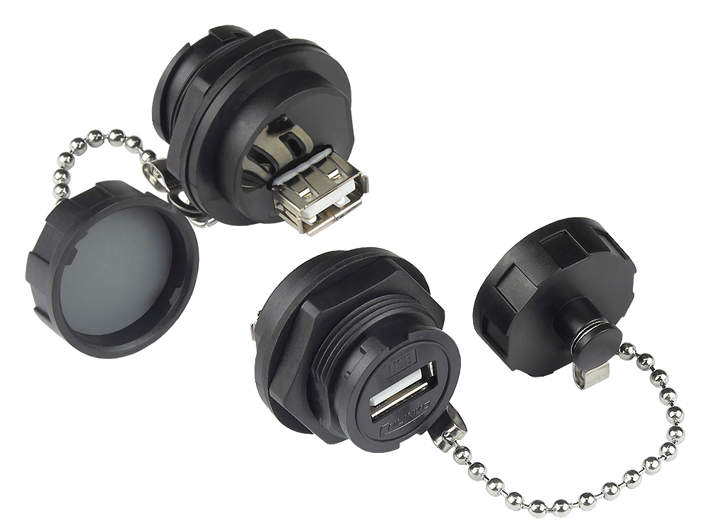 Industrie-Steckverbinder S4 - USB 2.0 Durchführungskupplung, Buchse A beidseitig, einseitig mit Deckel, Bajonett, IP67, schwarz, Good Connections®