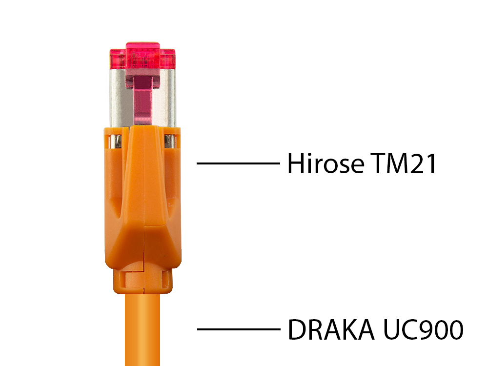 Patchkabel mit Cat. 7 Draka UC900 Rohkabel (900MHz) und Hirose TM21 Stecker (250MHz) beidseitig, S/FTP, PiMF, halogenfrei (LSZH), KUPFER, orange, 13m