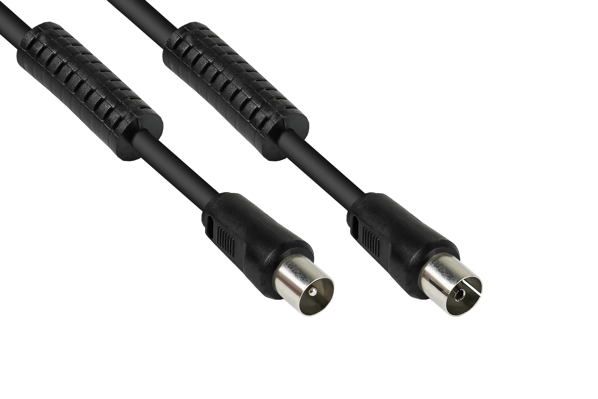 TV Antennenkabel, Koax Stecker an Koax Buchse (vernickelt), 2x Ferritkern, 2x geschirmt, Class A, 95 dB, 75 Ohm, CCS, schwarz, 15m, Good Connections®