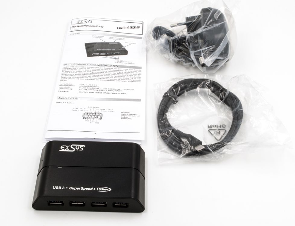 4-Port USB 3.1 Gen.2 HUB mit 4x A-Anschlüssen, inkl. Netzteil 5V/2A und USB Kabel A-C, Exsys® [EX-1225]