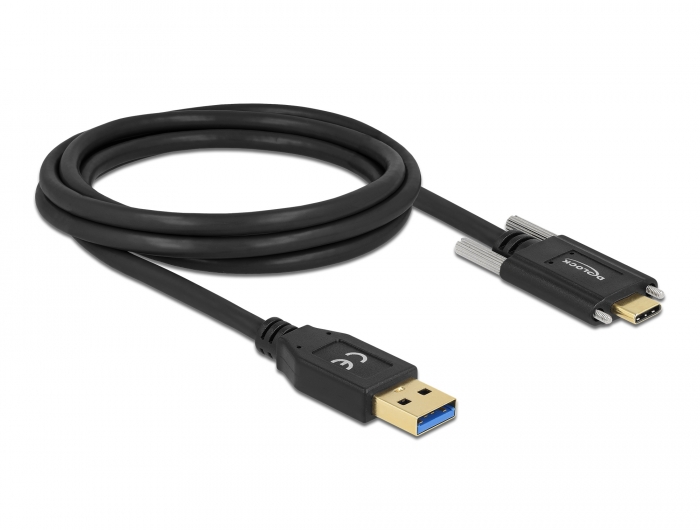 SuperSpeed USB (USB 3.2 Gen 1) Kabel Typ-A Stecker zu USB Type-C™ Stecker mit Schrauben seitlich, schwarz, 2 m, Delock® [84019]