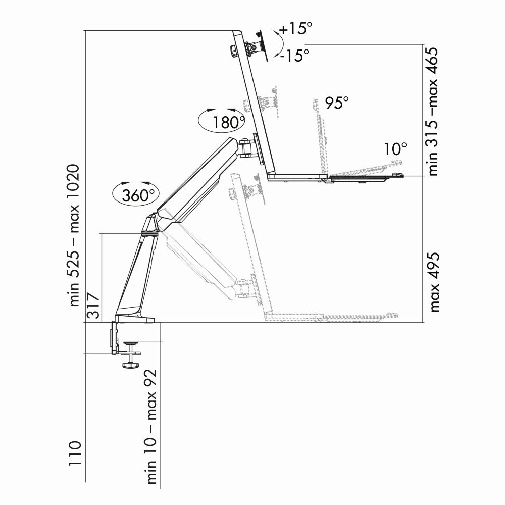 Sitz-/Steharbeitsplatz Monitor-Schreibtischhalterung, neigbar -15°/+15°, schwenkbar -90°/+90°, drehbar -180°/+180°, 13"-32", LogiLink® [BP0040]