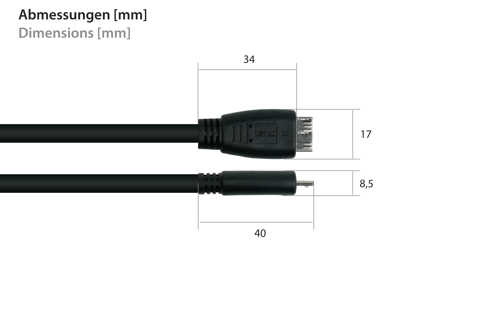 kabelmeister® Anschlusskabel USB 3.0 Stecker A an Stecker Micro B, Premium, DATA AWG28 / Power AWG24, UL, KUPFER, schwarz, 1,8m