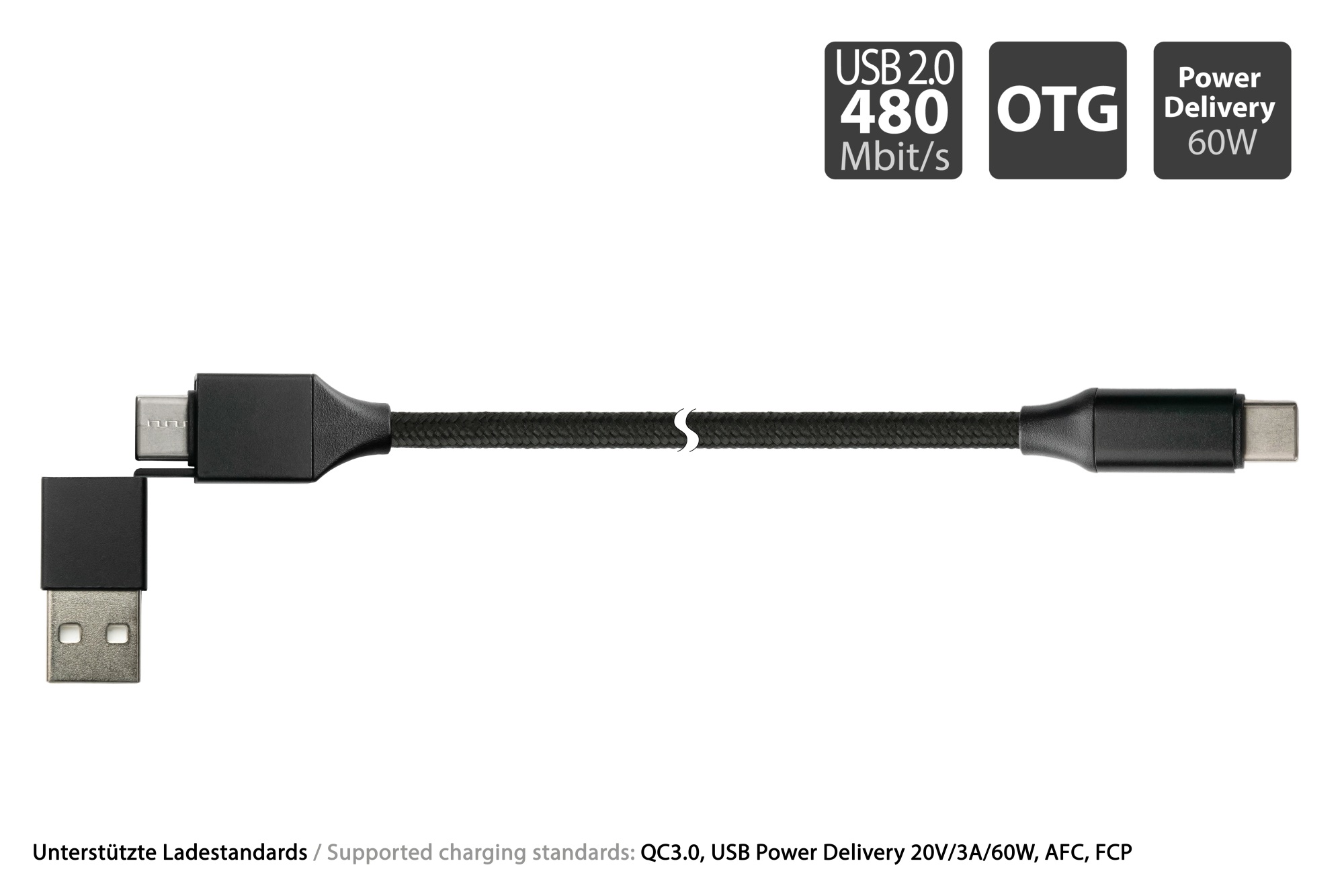 USB 2.0 Lade- und Datenkabel, USB-A und USB-C™ an USB-C™, QC 3.0, PD 60W, Textilmantel, schwarz, 1m, PYTHON® Series