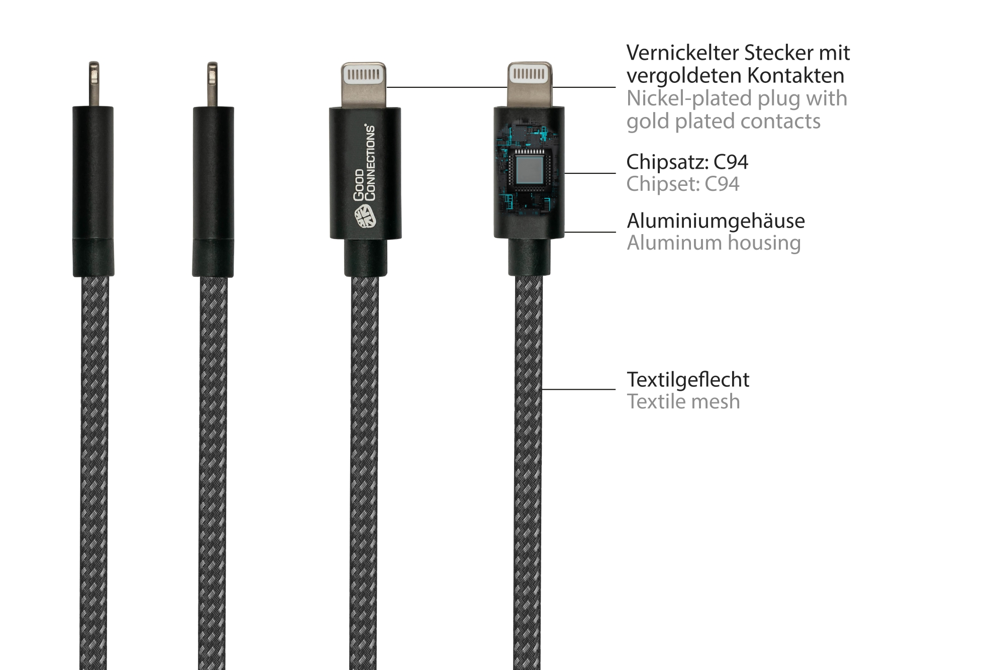 USB 2.0 Lade- und Datenkabel für iPhone/iPad/iPod, USB-C™ Stecker an Lightning™ Stecker, MFI zertifiziert, 18W, schwarz, 0,5m, Good Connections®