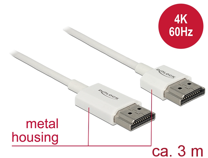 Kabel High Speed HDMI mit Ethernet, Stecker A an Stecker A, 3D, 4K, AKTIV, Slim High Quality, weiß, 3m, Delock® [85138]