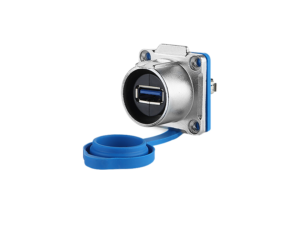 Industrie-Steckverbinder S1 - USB 3.0 Durchführungskupplung mit Flansch, Buchse A beidseitig, Metall, M24, IP65/67, Good Connections®