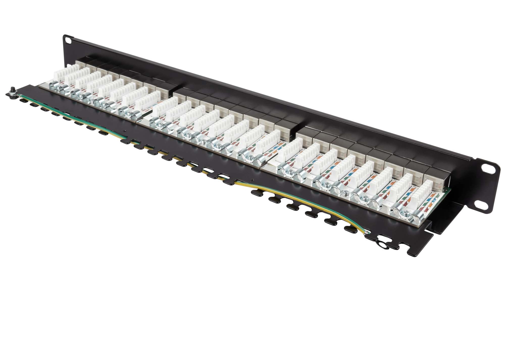 Patchpanel 19" Cat. 6A, 24-Port, 1 HE, STP geschirmt, werkzeugloses Öffnen, Tiefschwarz (RAL9005), Good Connections®