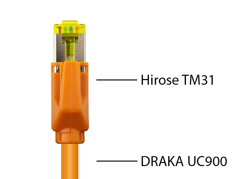 Patchkabel mit Cat. 7 Draka UC900 Rohkabel (900MHz) und Hirose TM31 Stecker (500MHz) beidseitig, S/FTP, PiMF, halogenfrei (LSZH), KUPFER, orange, 24m