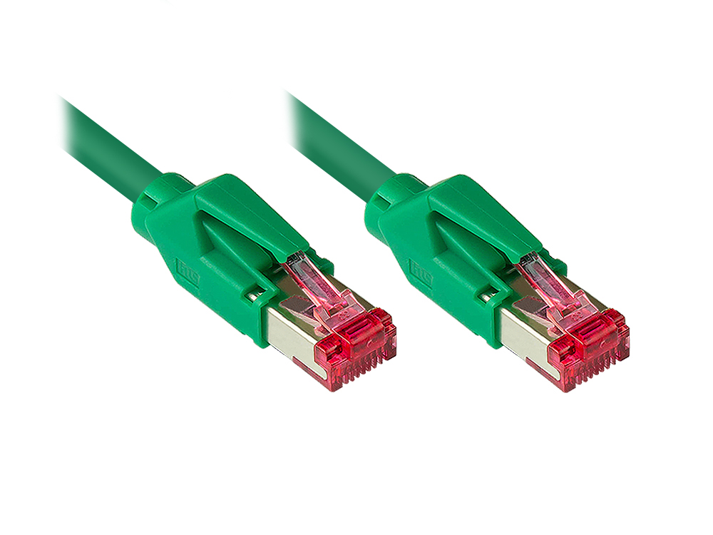 Patchkabel mit Cat. 7 Draka UC900 Rohkabel (900MHz) und Hirose TM21 Stecker (250MHz) beidseitig, S/FTP, PiMF, halogenfrei (LSZH), KUPFER, grün, 9m