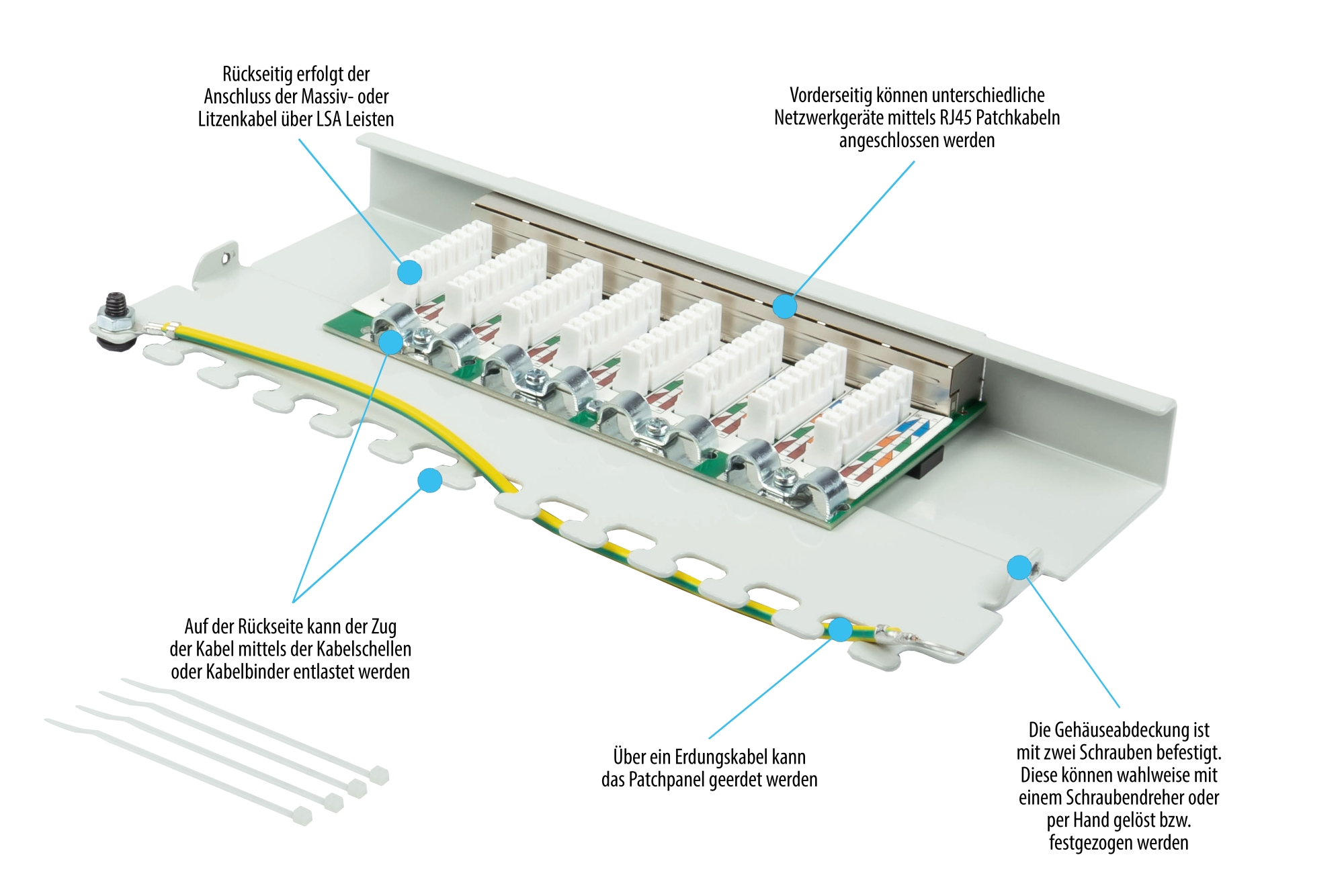 Patchpanel Desktop Cat. 6, 8-Port, 0,5 HE, STP geschirmt, werkzeugloses Öffnen, Lichtgrau (RAL7035), Good Connections®