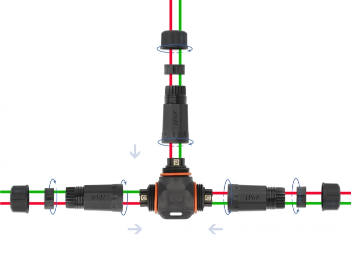 Kabelverbinder T-Form für Außenbereich 2 Pin, IP68 wasserdicht, schraubbar, Kabeldurchmesser 4,5 - 7,5 mm schwarz, Delock® [86916]