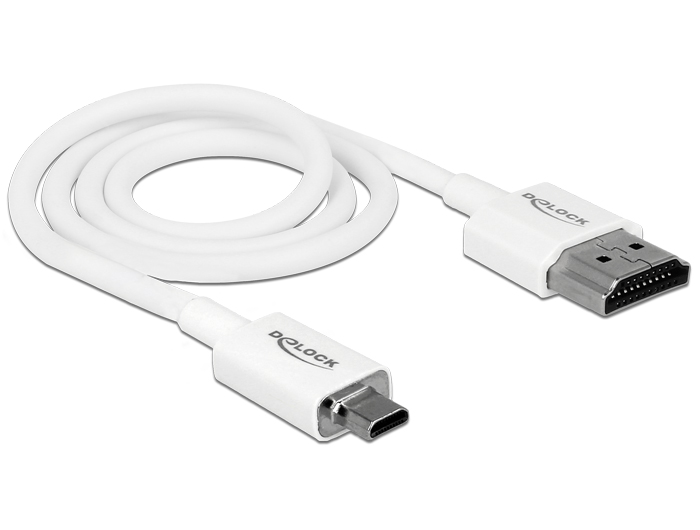 Kabel High Speed HDMI mit Ethernet, Stecker A an Stecker Micro-D, 3D, 4K, Slim High Quality, weiß, 0,5m, Delock® [85148]
