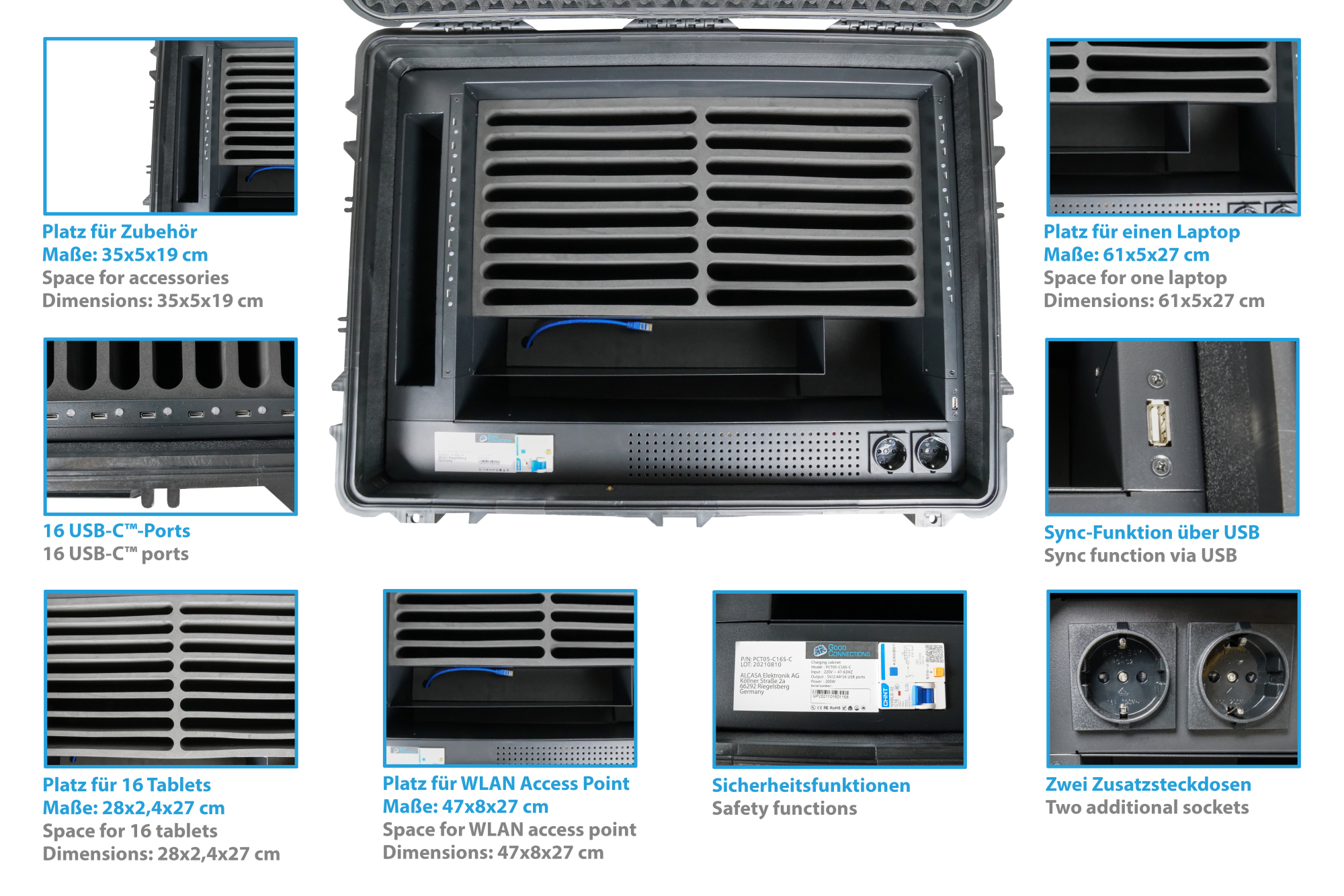 Good Connections® ATON3 T16C Tablet-Ladetrolley, USB-C™ Ausführung, Sync-Funktion über USB, aktive Belüftung, Zusatzsteckdosen, RJ45, schwarz