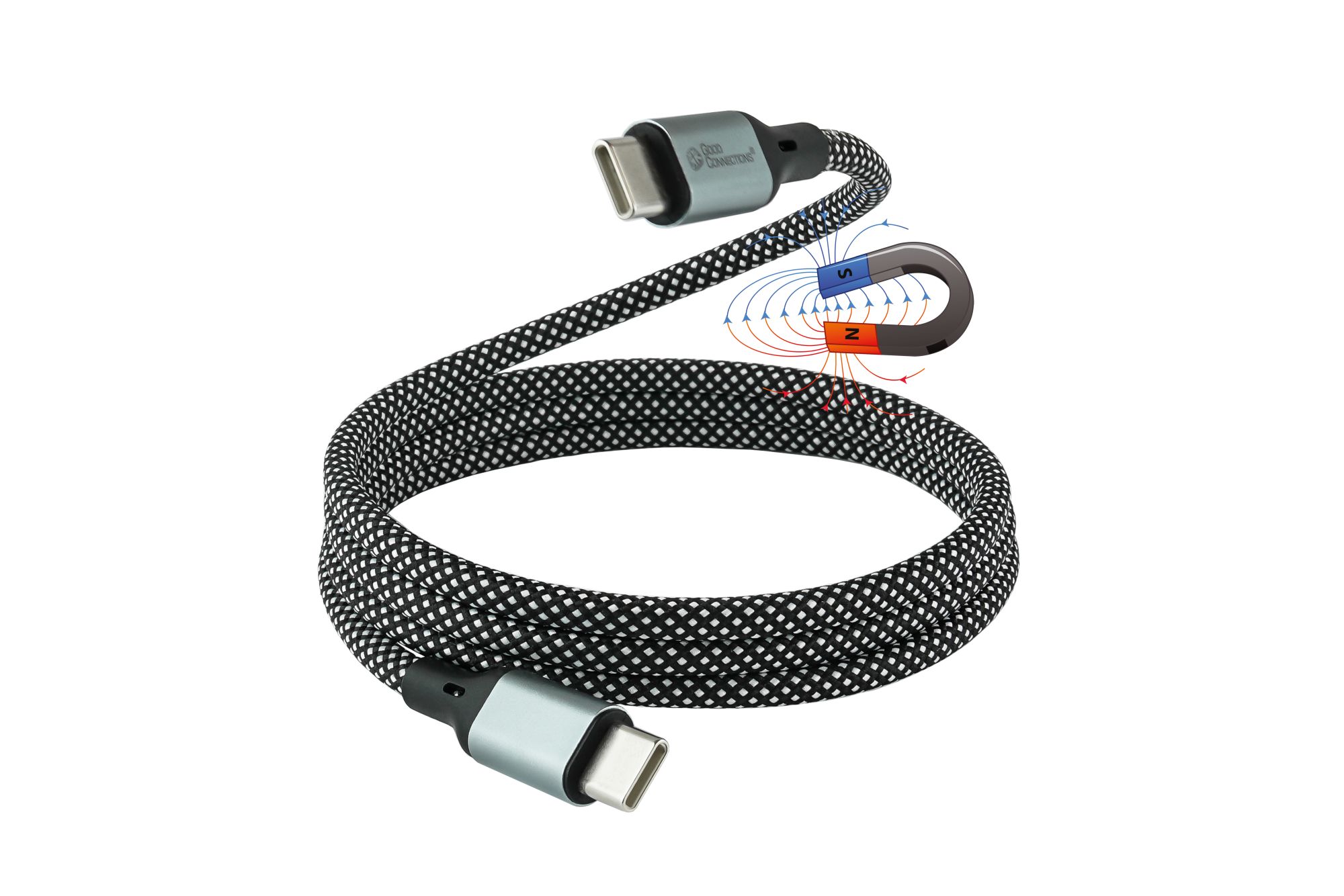 Magnetisches USB 2.0 Spiralkabel (60W), USB-C™Stecker an USB-C™ Stecker, schwarz / weiß, 1m, Good Connections®