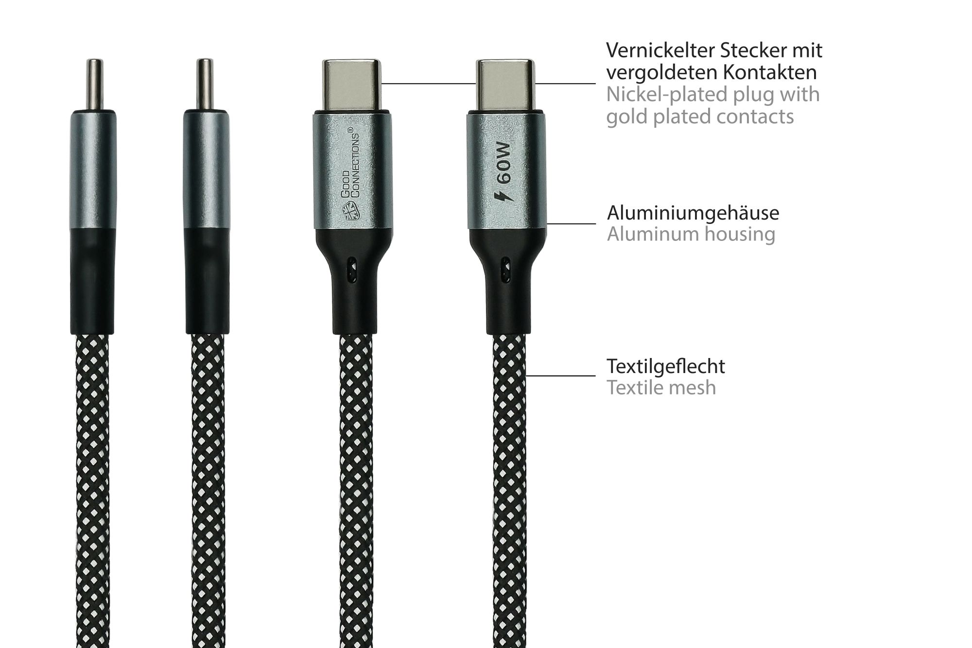 Magnetisches USB 2.0 Spiralkabel (60W), USB-C™Stecker an USB-C™ Stecker, schwarz / weiß, 1m, Good Connections®