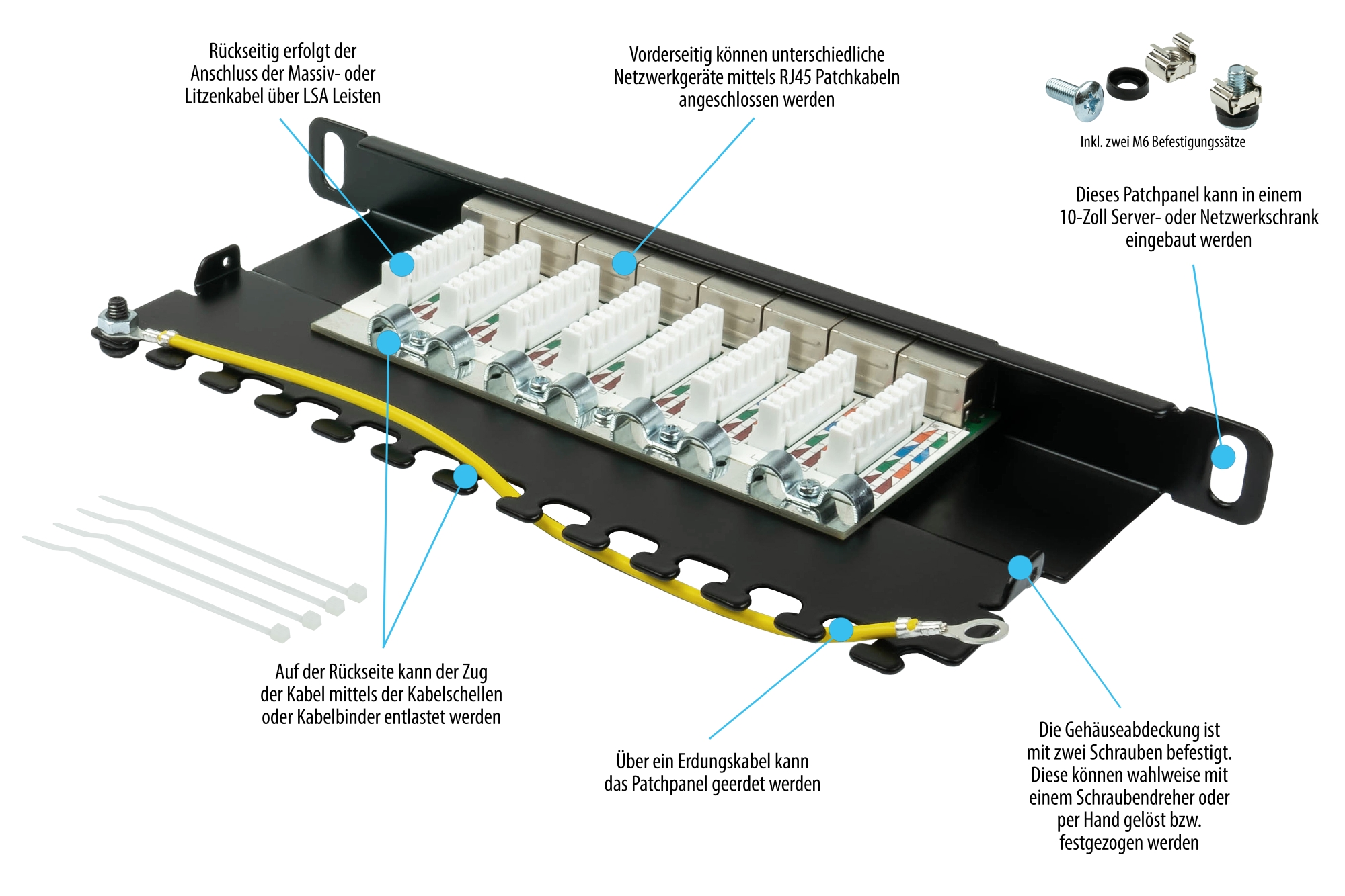 Patchpanel 10" Cat. 6A, 8-Port, 0,5 HE, STP geschirmt, werkzeugloses Öffnen, Tiefschwarz (RAL9005), Good Connections®