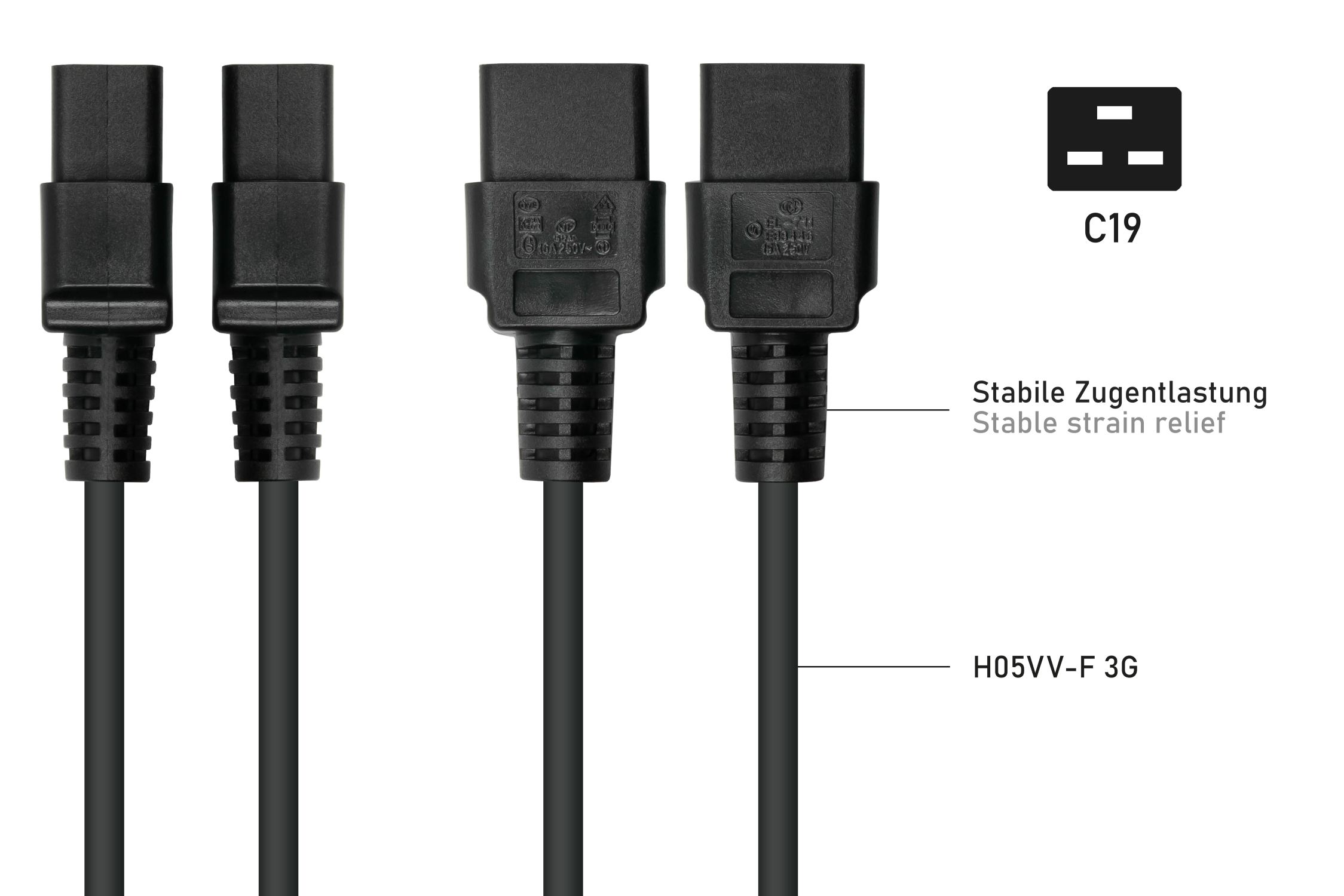 kabelmeister® Netzkabel Schutzkontakt-Stecker Typ E+F (90° gew.) an Kaltgeräte-Buchse C19, schwarz, 1,50mm², 5m