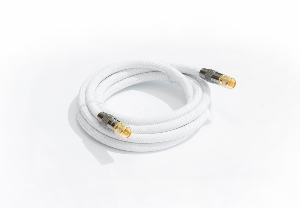 SAT Antennenkabel, F-Stecker an F-Stecker, vergoldet, vierfach geschirmt, 120 dB, 75 Ohm, Nylongeflecht, weiß, 2m, PYTHON® Series