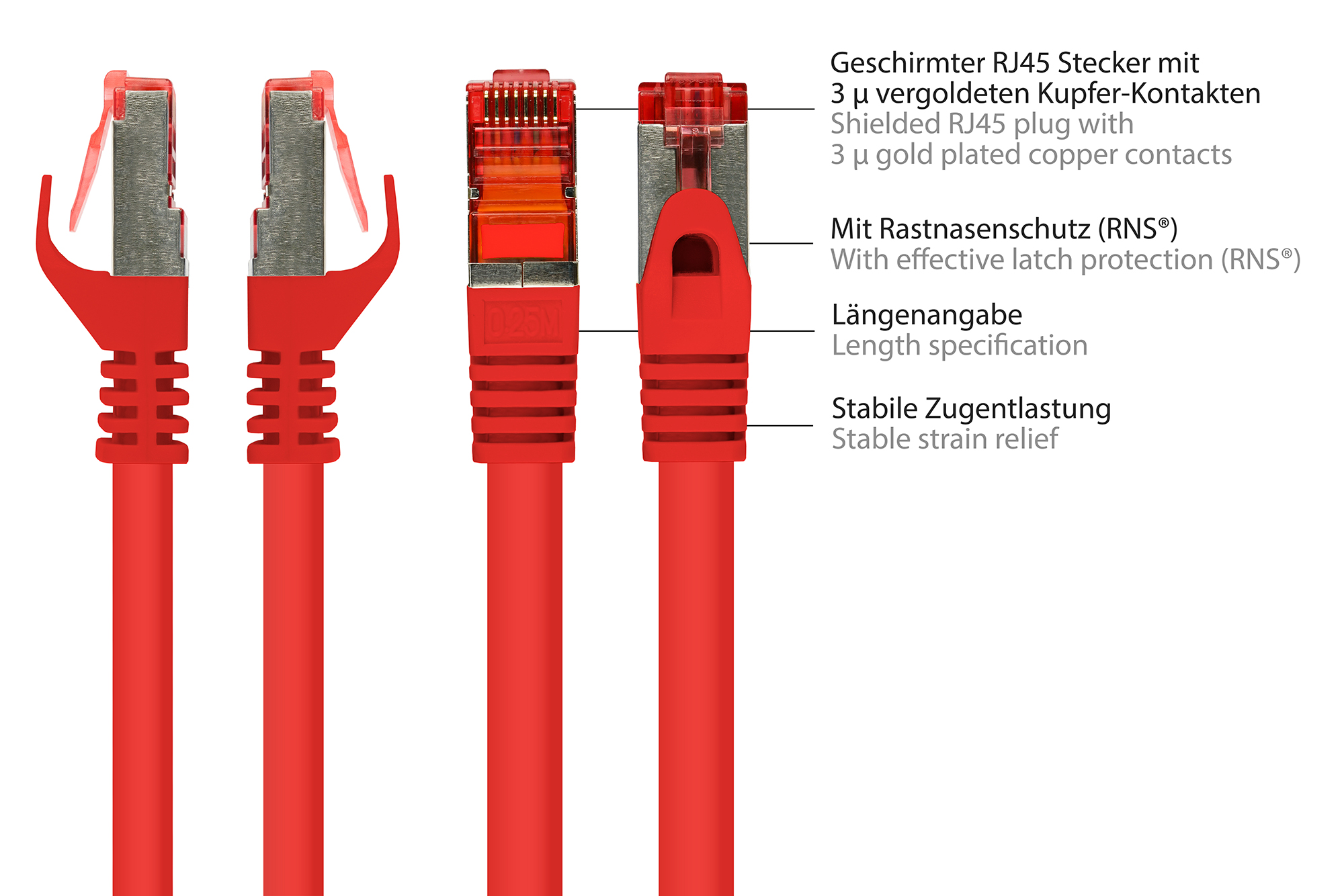 RNS® Patchkabel mit Rastnasenschutz, Cat. 6, S/FTP, PiMF, PVC, 250MHz, rot, 0,5m, Good Connections®