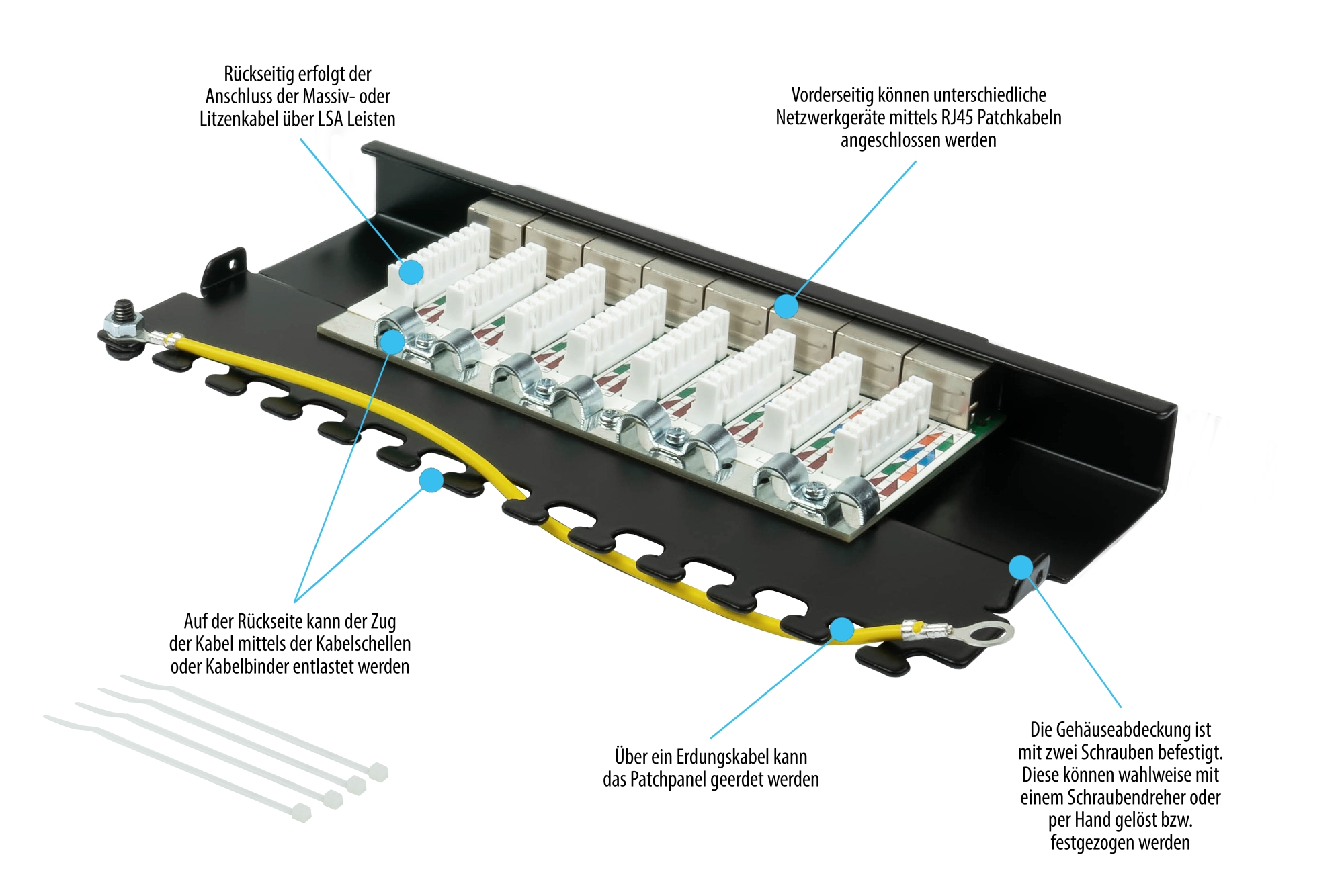 Patchpanel Desktop Cat. 6A, 8-Port, 0,5 HE, STP geschirmt, werkzeugloses Öffnen, Tiefschwarz (RAL9005), Good Connections®