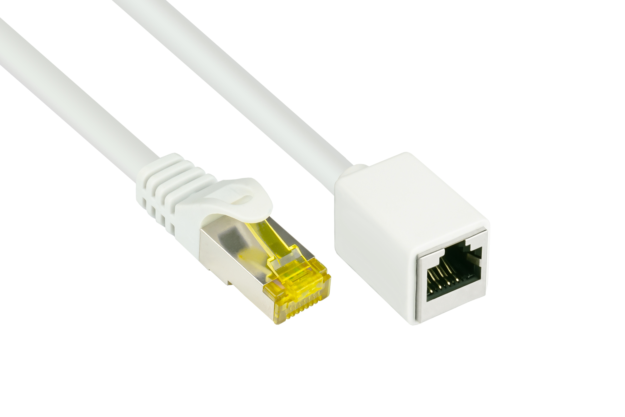 RJ45 Patchkabelverlängerung mit Cat. 7 Rohkabel und Rastnasenschutz (RNS®), S/FTP, PiMF, halogenfrei, 500MHz, OFC, weiß, 1m, Good Connections®