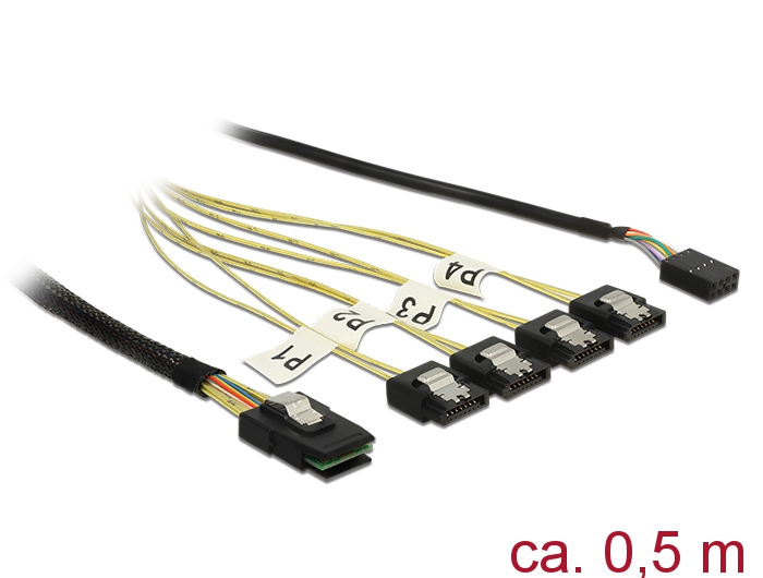 Mini SAS SFF-8087 an 4x SATA 7 Pin Reverse + Sideband, 0,5m, Delock® [83318]