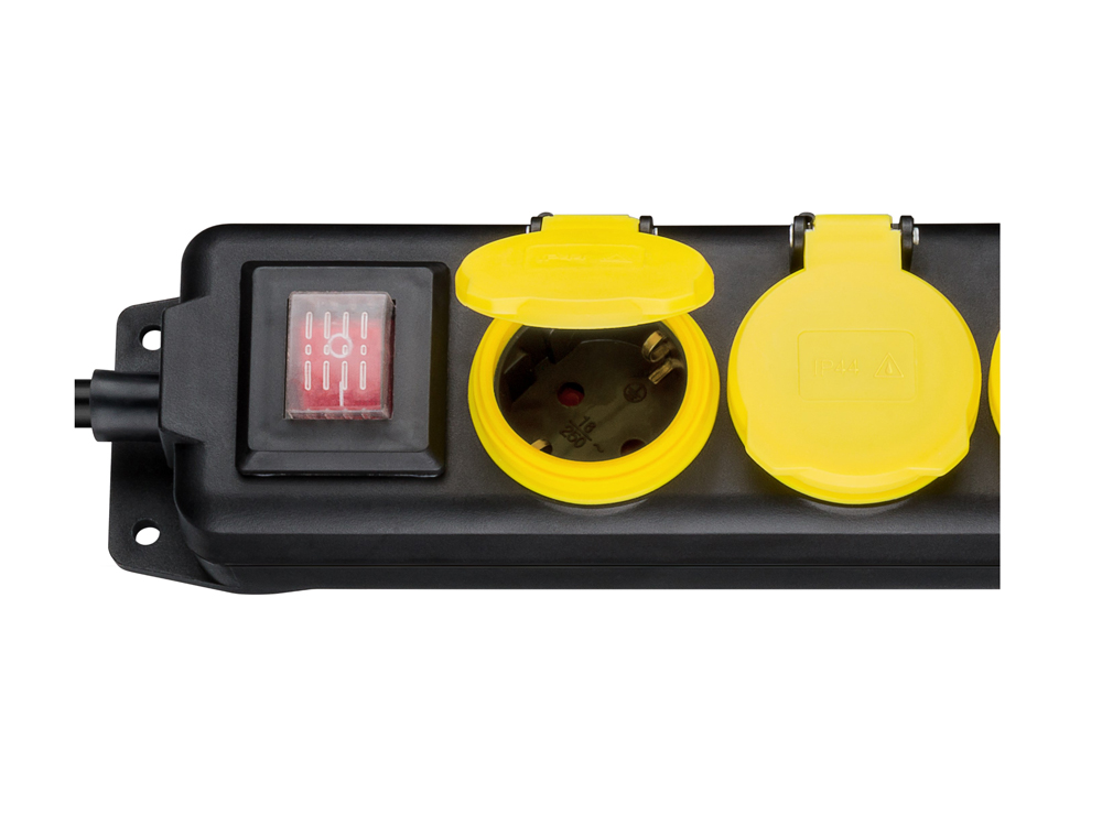 Steckdosenleiste 3-fach, mit beleuchtetem Ein-/Aus- Schalter, für den Außenbereich geeignet, schwarz / gelb, 3m