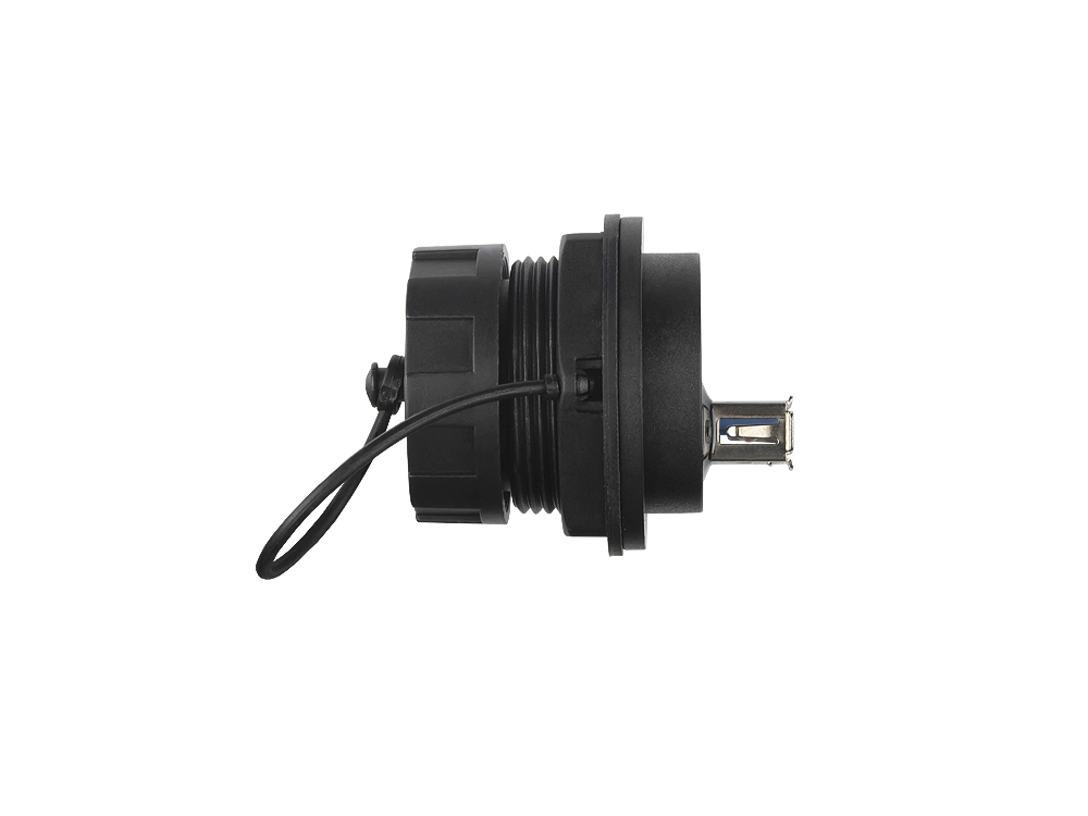 Industrie-Steckverbinder S4 - USB 3.0 Durchführungskupplung, Buchse A beidseitig, einseitig mit Deckel, Bajonett, IP67, schwarz, Good Connections®