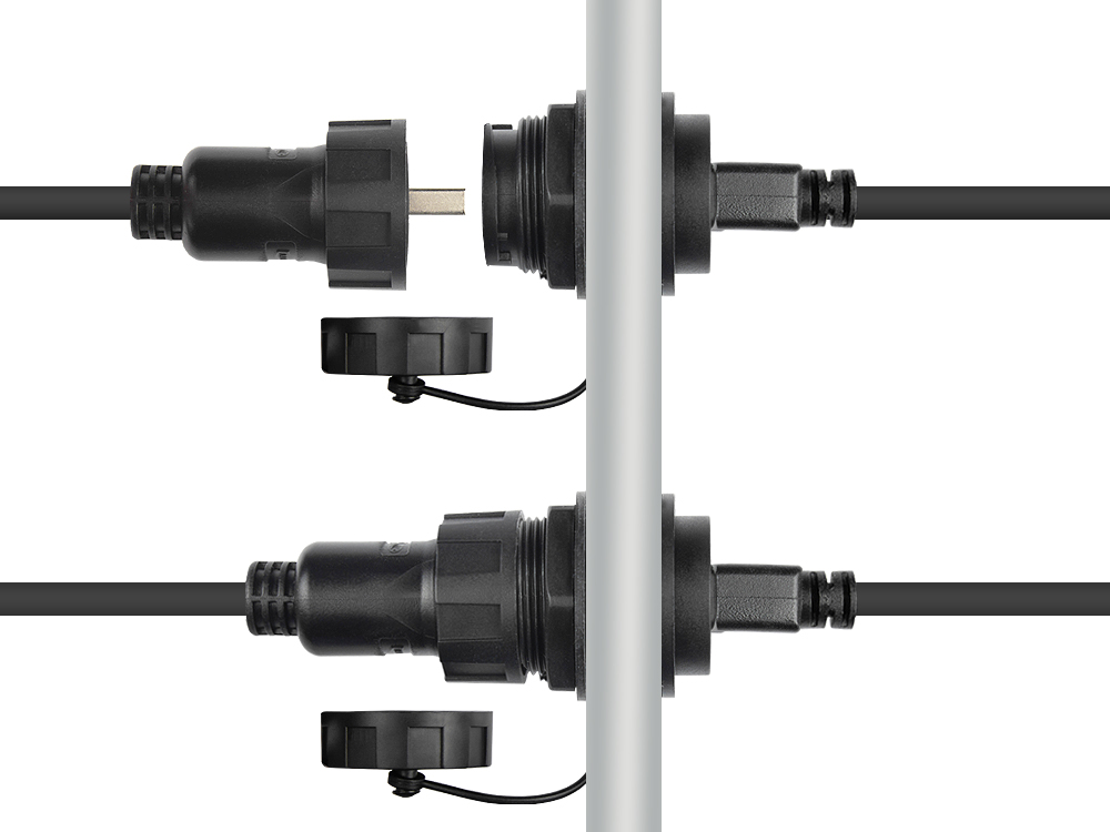 Industrie-Steckverbinder S4 - USB 2.0 Kabel, Stecker A an Einbaubuchse A mit Kabelverschraubung, Bajonett, IP67, schwarz, 1m, Good Connections®