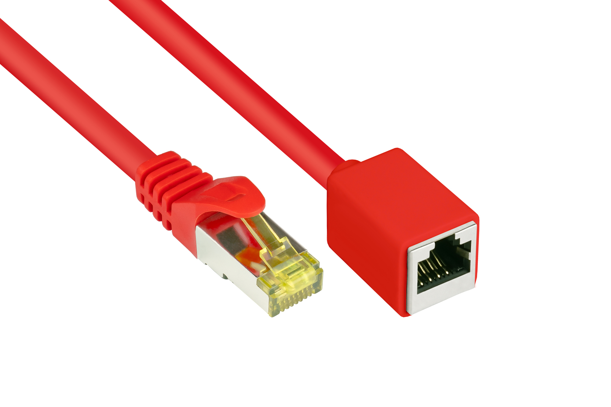 RJ45 Patchkabelverlängerung mit Cat. 7 Rohkabel und Rastnasenschutz (RNS®), S/FTP, PiMF, halogenfrei, 500MHz, OFC, rot, 2m, Good Connections®