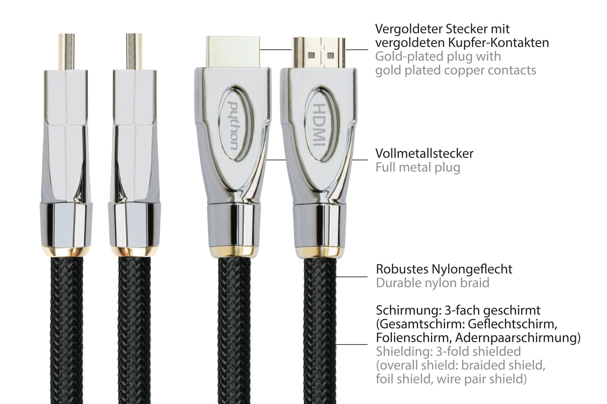 Anschlusskabel HDMI® 2.0 Kabel 4K2K / UHD 60Hz, 24K vergoldete Kontakte, OFC, Nylongeflecht schwarz, 1m, PYTHON® Series