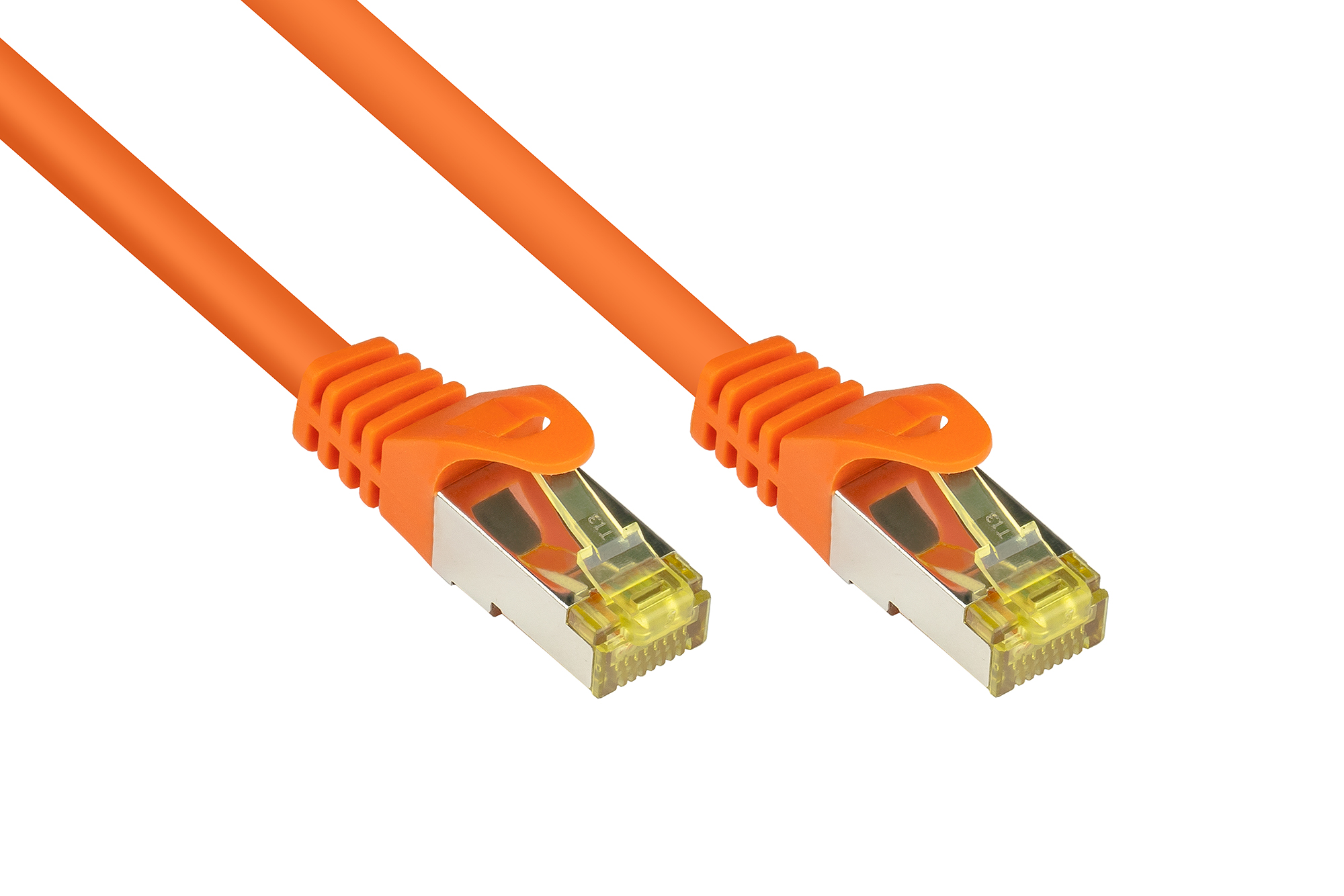 RJ45 Patchkabel mit Cat. 7 Rohkabel und Rastnasenschutz (RNS®), S/FTP, PiMF, halogenfrei, 500MHz, OFC, orange, 0,5m, Good Connections®