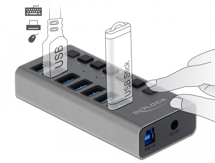 Externer SuperSpeed USB Hub mit 7 Ports + Schalter, Delock® [63669]