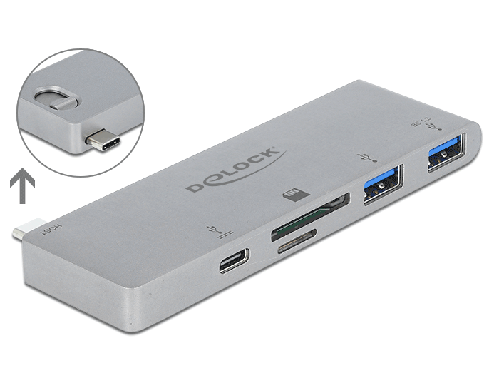3 Port Hub und 2 Slot Card Reader für MacBook mit PD 3.0 und einschiebbarem USB Type-C™ Anschluss, Delock® [64078]
