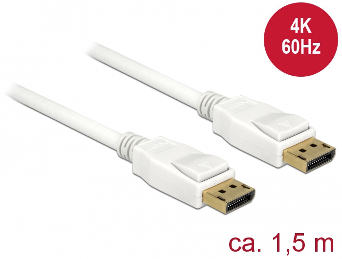 Kabel DisplayPort 1.2 Stecker an DisplayPort Stecker, 4K @60Hz, weiß, 1,5m, Delock® [85509]