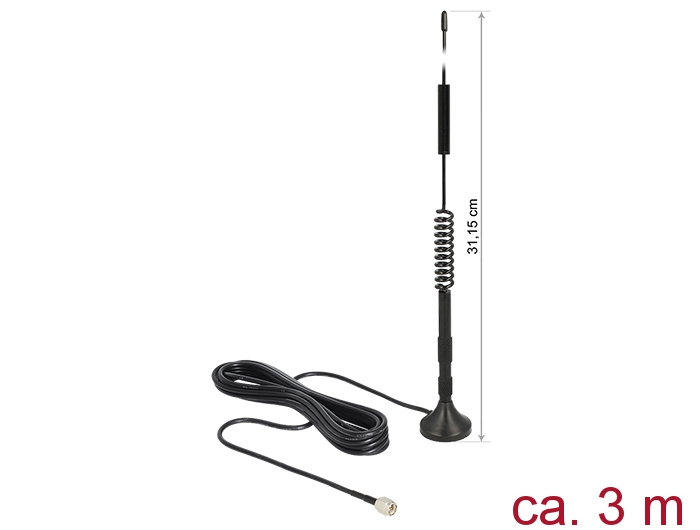 LTE Antenne SMA Stecker 5dBi starr omnidirektional, magnetischer Standfuß, Anschlusskabel (RG-174, 3m), outdoor schwarz, Delock® [12417]